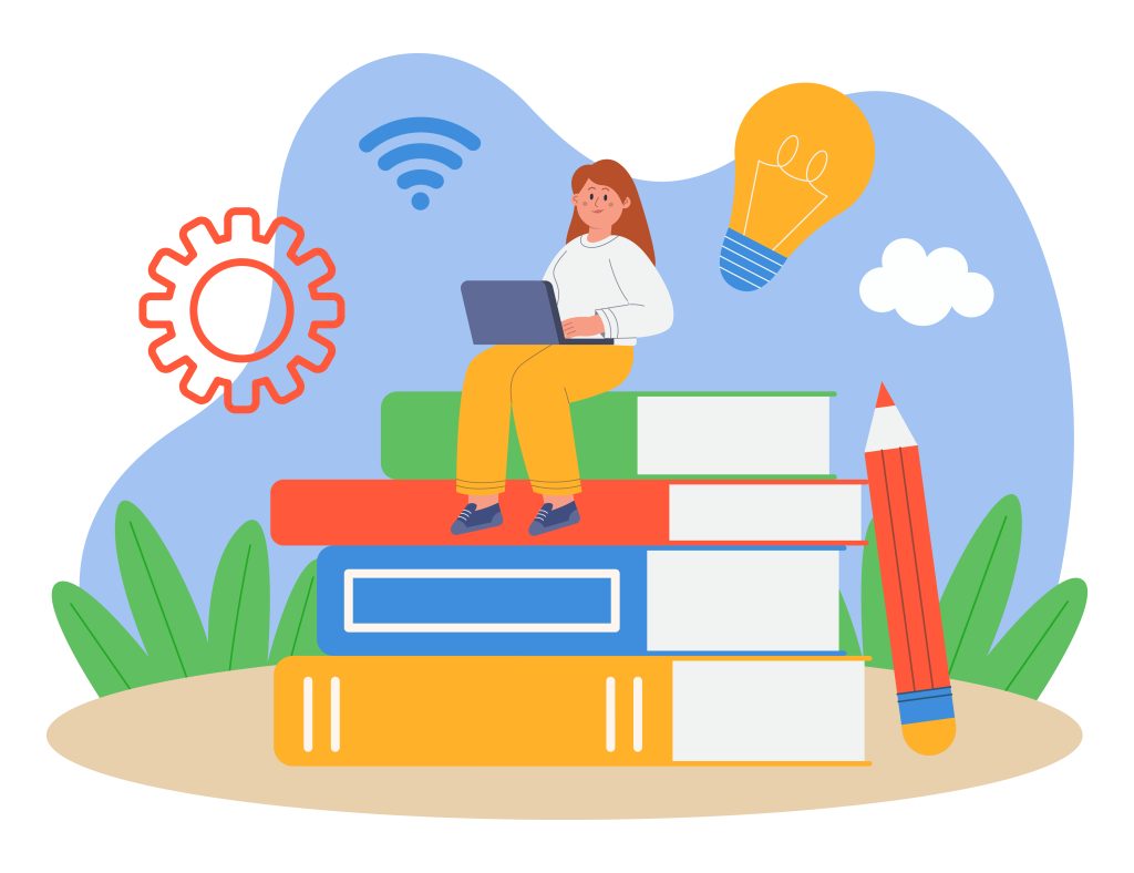 Imagem ilustrativa co uma garotinha e seu latop sentada em cima de livros representando o conceito de Informática na Educação