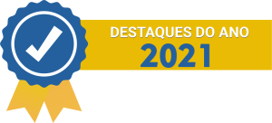 Símbolo de uma medalha com descrição "Destaques do ano 2021"