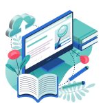 Ilustração representativa de livros e um monitor.