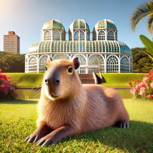 Imagem contendo uma capivara a frente e ao fundo o jardim botânico da cidade de curitiba